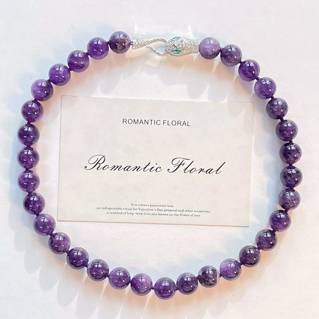 Close-up detail of amethyst necklace beads — handcrafted crystal necklace for positive energy by Crystalvana