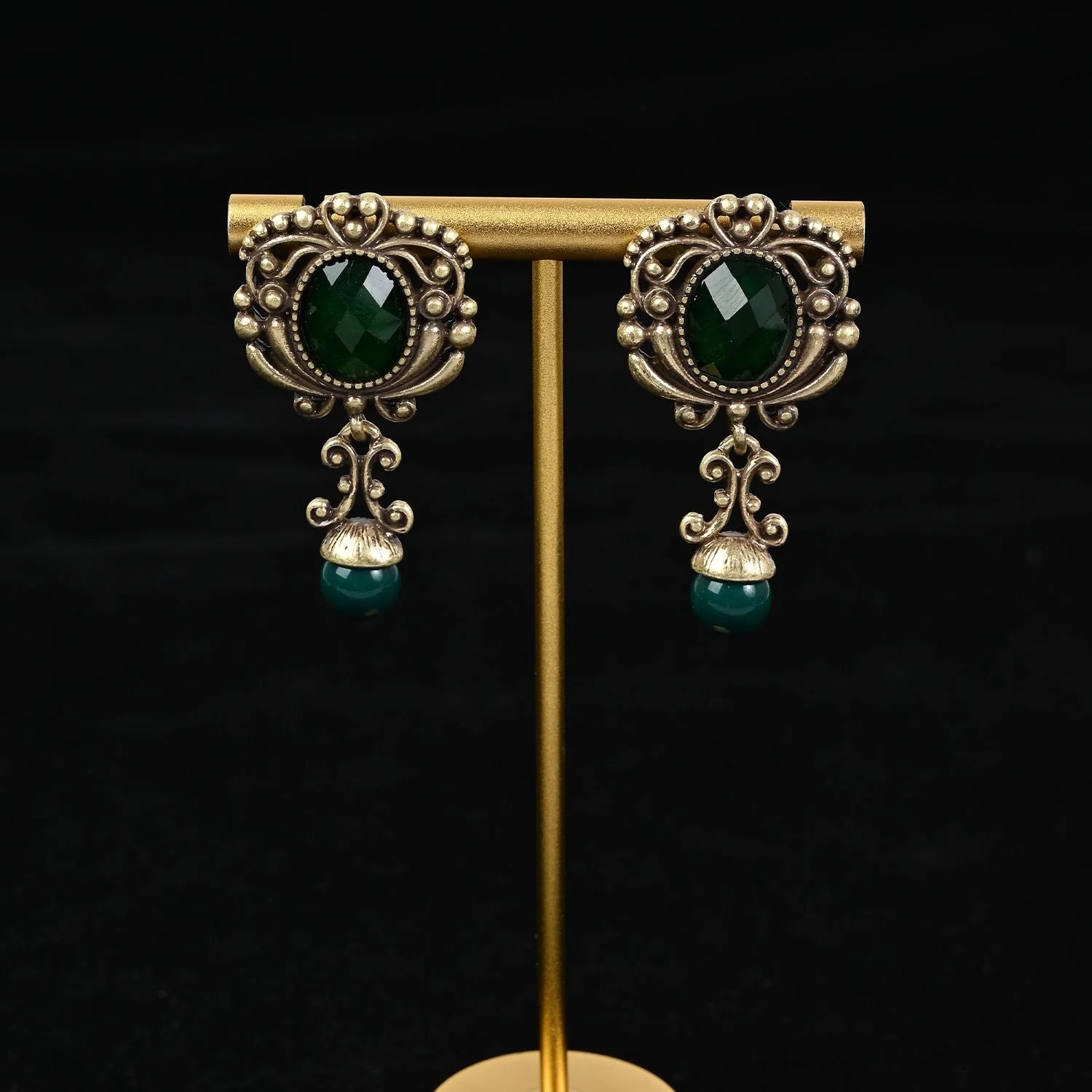 Vintage Emerald Rhinestone Earrings Court Style Antique Finish Dangle Earrings
