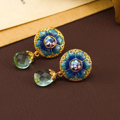 Vintage Court Blue Enamel Flower Earrings Crystal Tassel Dangle Earrings Artisan
