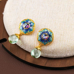 Vintage Court Blue Enamel Flower Earrings Crystal Tassel Dangle Earrings Artisan