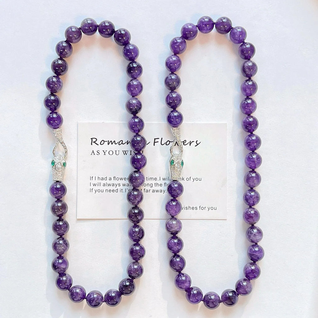 Lifestyle shot of amethyst necklace worn elegantly — handcrafted crystal necklace for positive energy by Crystalvana