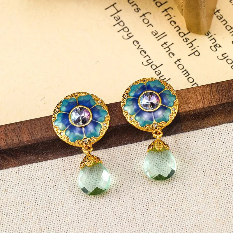 Vintage Court Blue Enamel Flower Earrings Crystal Tassel Dangle Earrings Artisan