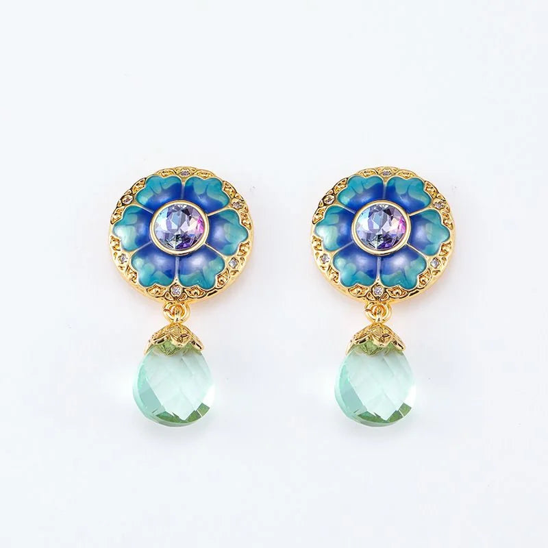 Vintage Court Blue Enamel Flower Earrings Crystal Tassel Dangle Earrings Artisan
