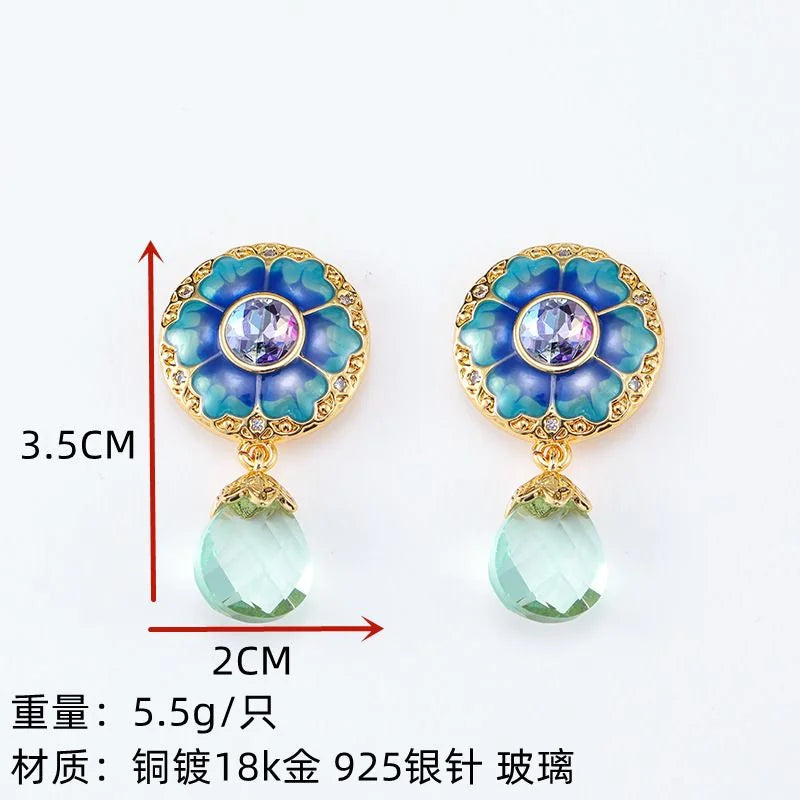 Vintage Court Blue Enamel Flower Earrings Crystal Tassel Dangle Earrings Artisan