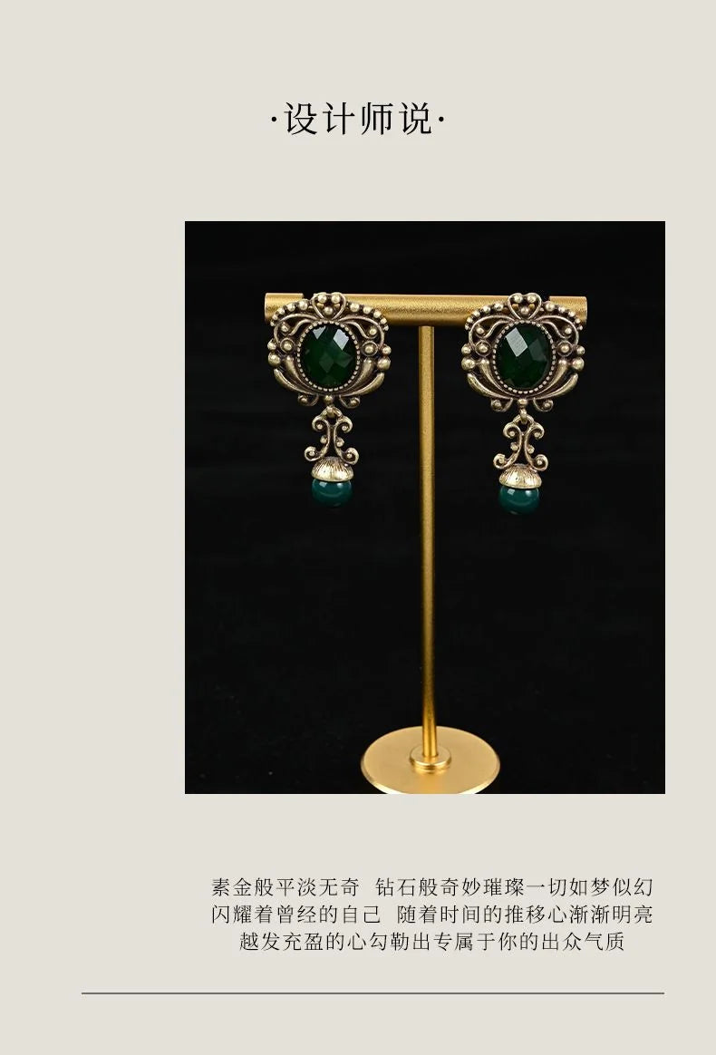 Vintage Emerald Rhinestone Earrings Court Style Antique Finish Dangle Earrings