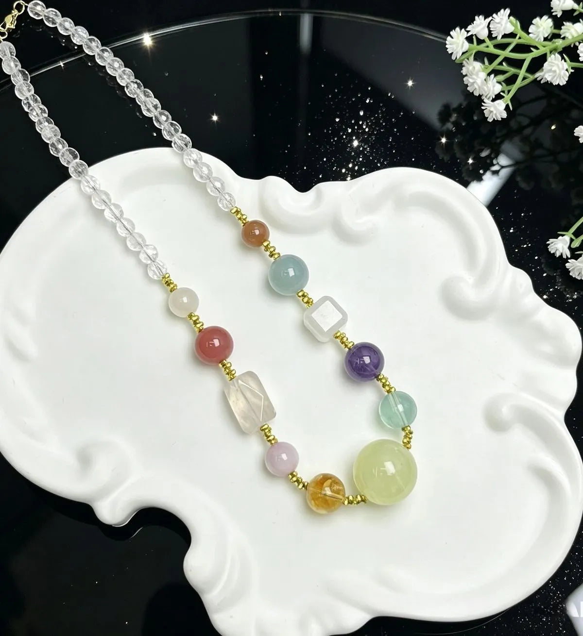 Overhead flat lay of citrine necklace — handcrafted crystal necklace for positive energy by Crystalvana