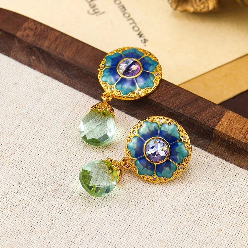 Vintage Court Blue Enamel Flower Earrings Crystal Tassel Dangle Earrings Artisan