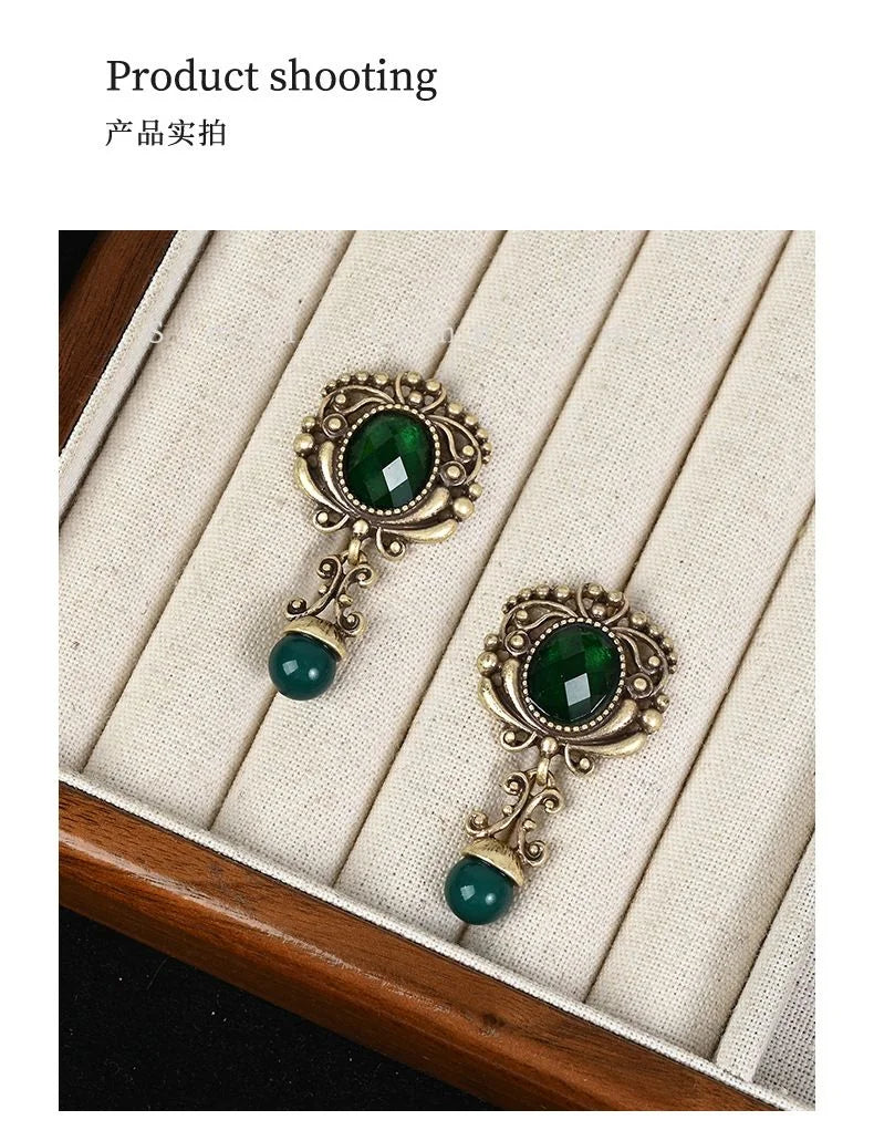 Vintage Emerald Rhinestone Earrings Court Style Antique Finish Dangle Earrings