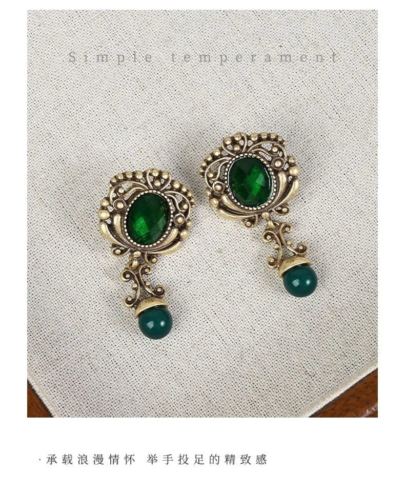 Vintage Emerald Rhinestone Earrings Court Style Antique Finish Dangle Earrings