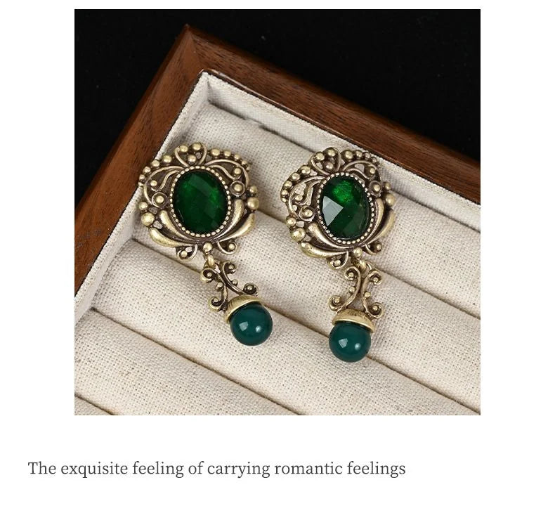 Vintage Emerald Rhinestone Earrings Court Style Antique Finish Dangle Earrings