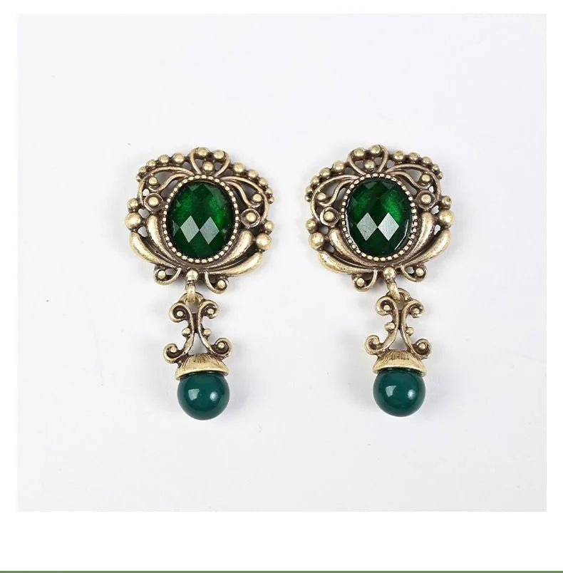 Vintage Emerald Rhinestone Earrings Court Style Antique Finish Dangle Earrings
