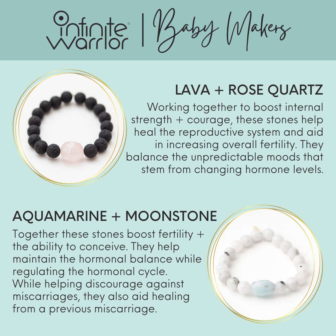 Close-up of rose quartz beads paired with natural lava stone