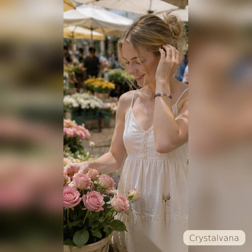 Natural amethyst crystal bracelet with fresh flowers, spiritual lifestyle accessory for women, Crystalvana