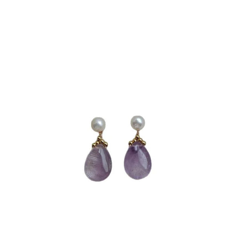 Freshwater Pearl and Amethyst dangle earrings with 925 silver needles, Crystalvana