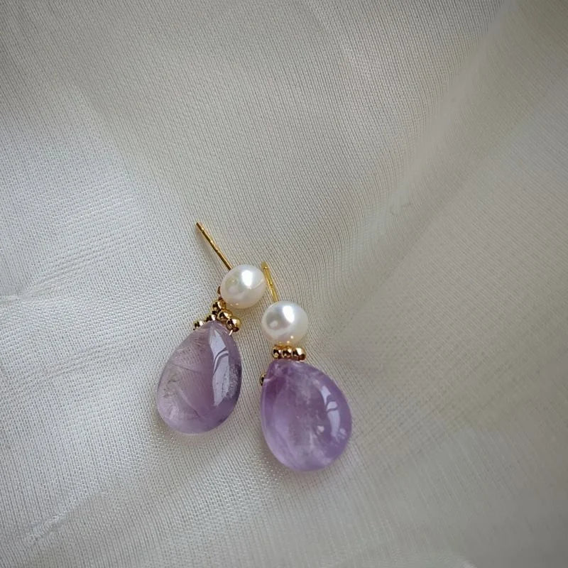 Freshwater Pearl and Amethyst dangle earrings with 925 silver needles, Crystalvana