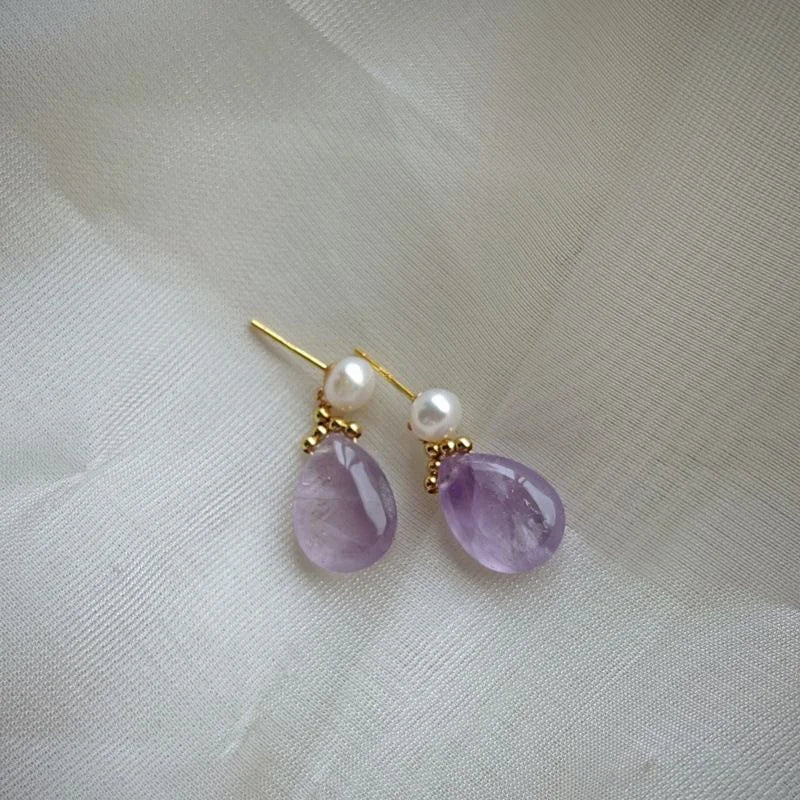 Freshwater Pearl and Amethyst dangle earrings with 925 silver needles, Crystalvana