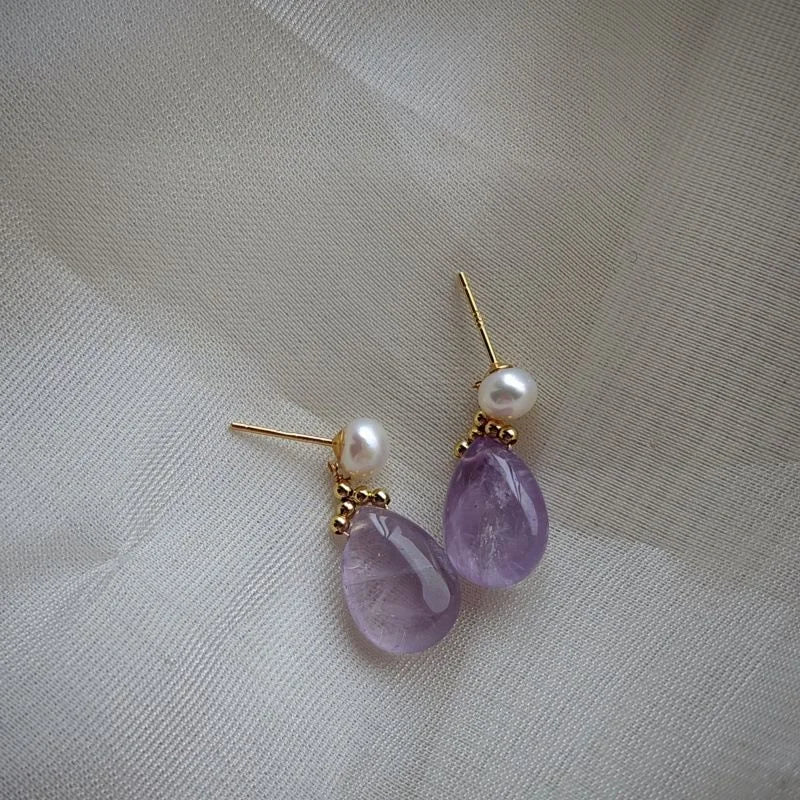 Freshwater Pearl and Amethyst dangle earrings with 925 silver needles, Crystalvana