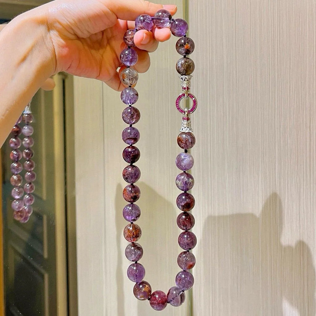 Natural Amethyst Phantom crystal necklace with large stones for spiritual insight, Crystalvana
