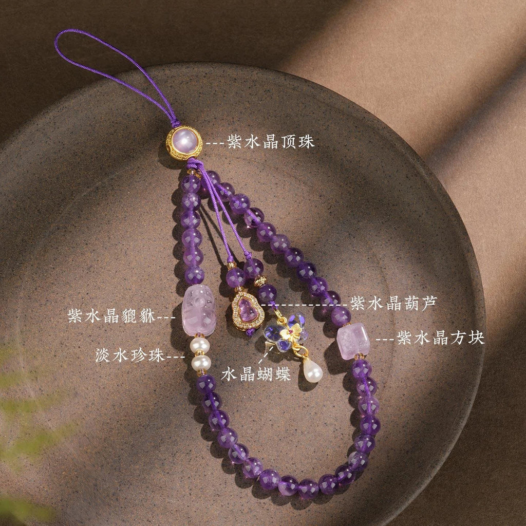 Amethyst crystal phone charm for peace and intuition, Crystalvana