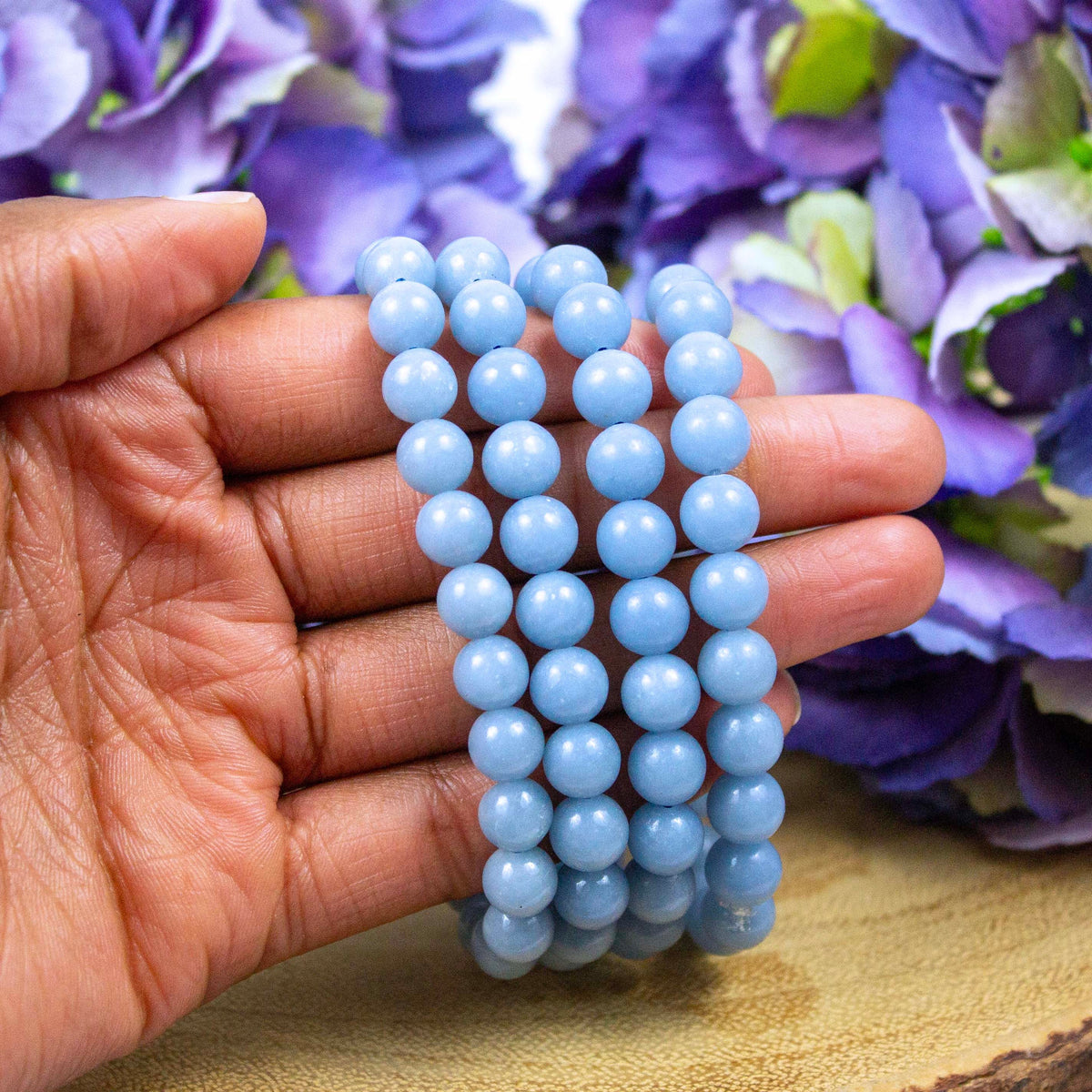 Angelite bracelet worn on the wrist