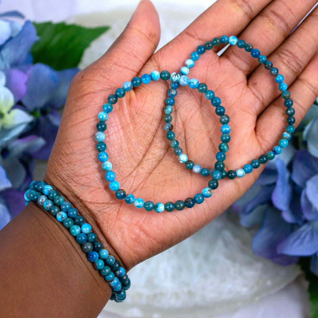 Close-up of natural Blue Apatite beads showing colour and pattern