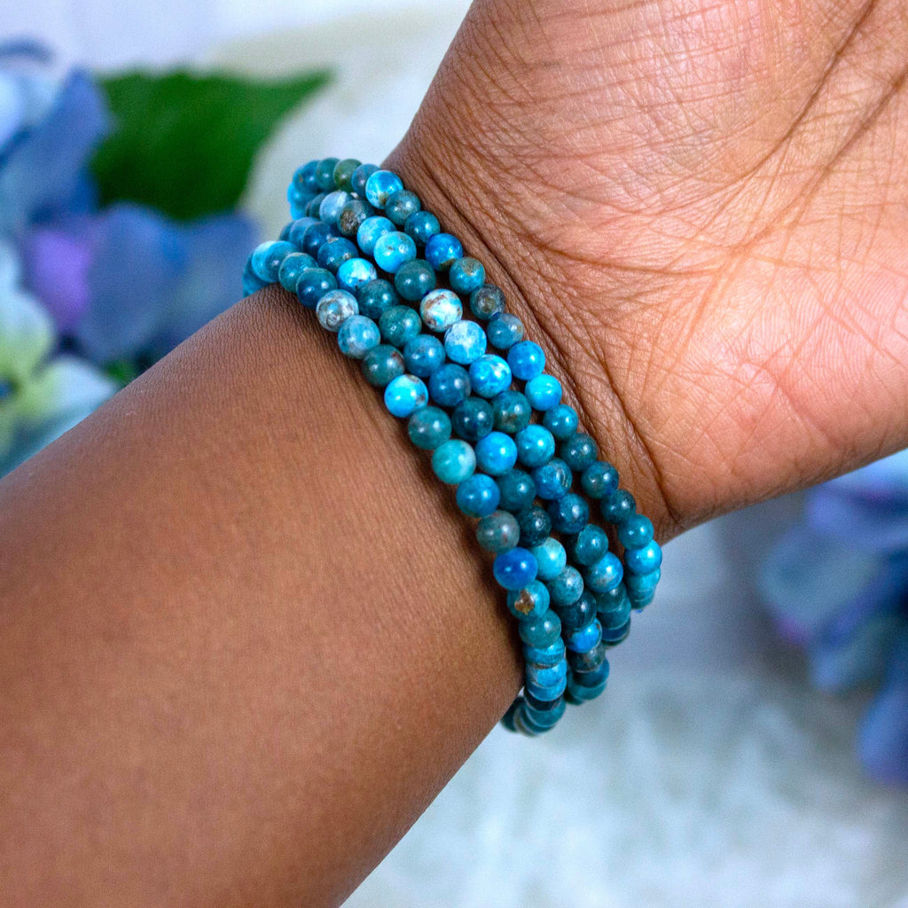 Blue Apatite bracelet worn on the wrist