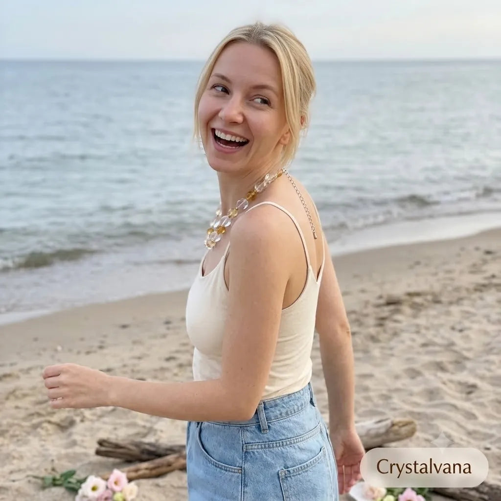 Citrine crystal choker stored in tan pouch, jewelry care and storage solution, Crystalvana
