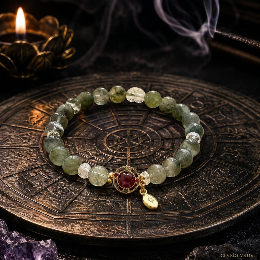 Green Phantom Quartz Bracelet | Ruby Gold Leaf Charm | Crystalvana