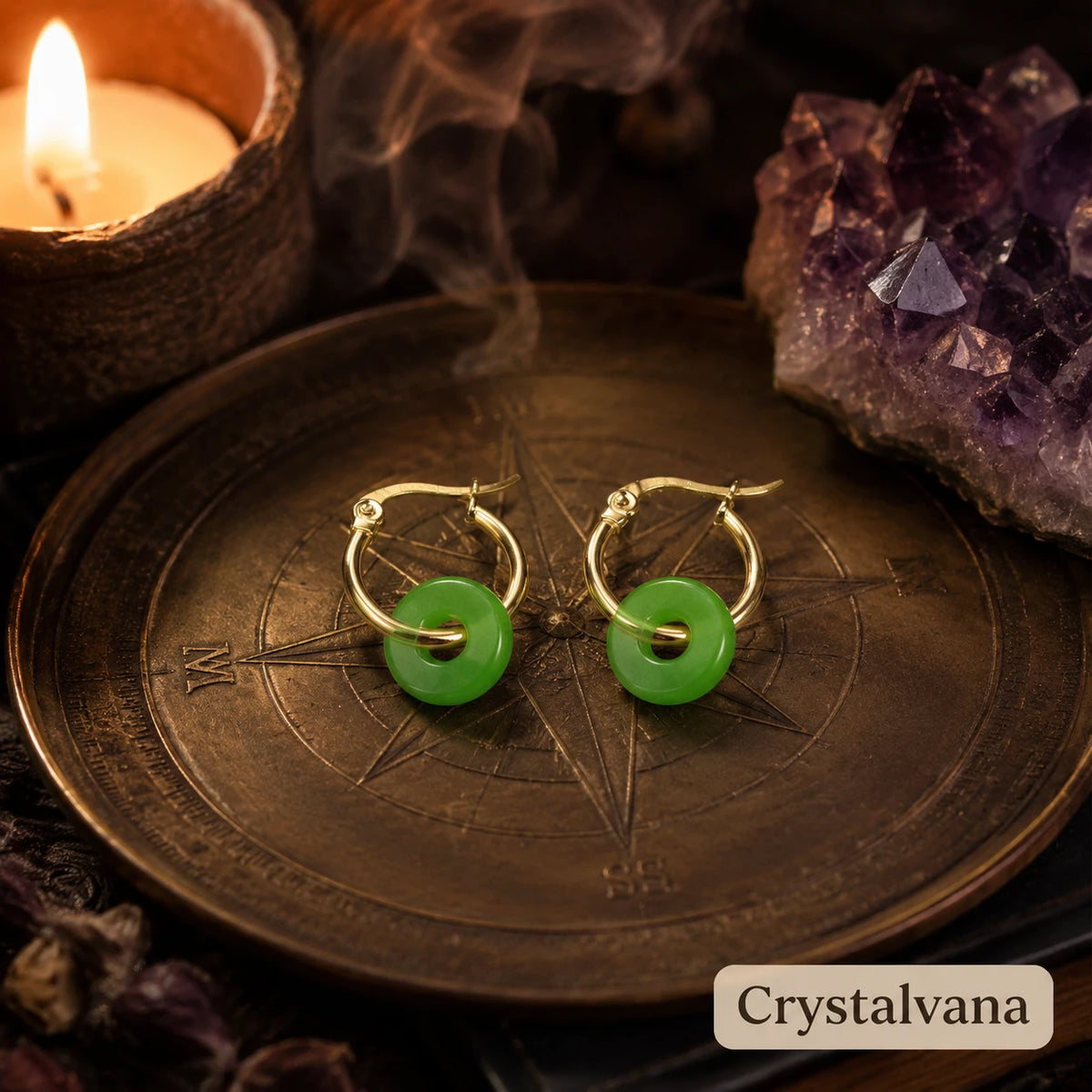 Natural Jade Imperial Green 10mm Donut Earrings | Fortune & Harmony Crystal | Crystalvana