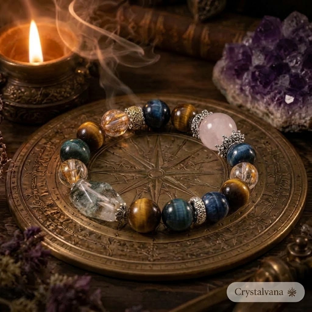 Tiger Eye Green Phantom Rose Quartz Bracelet | Courage, Growth & Love | Crystalvana