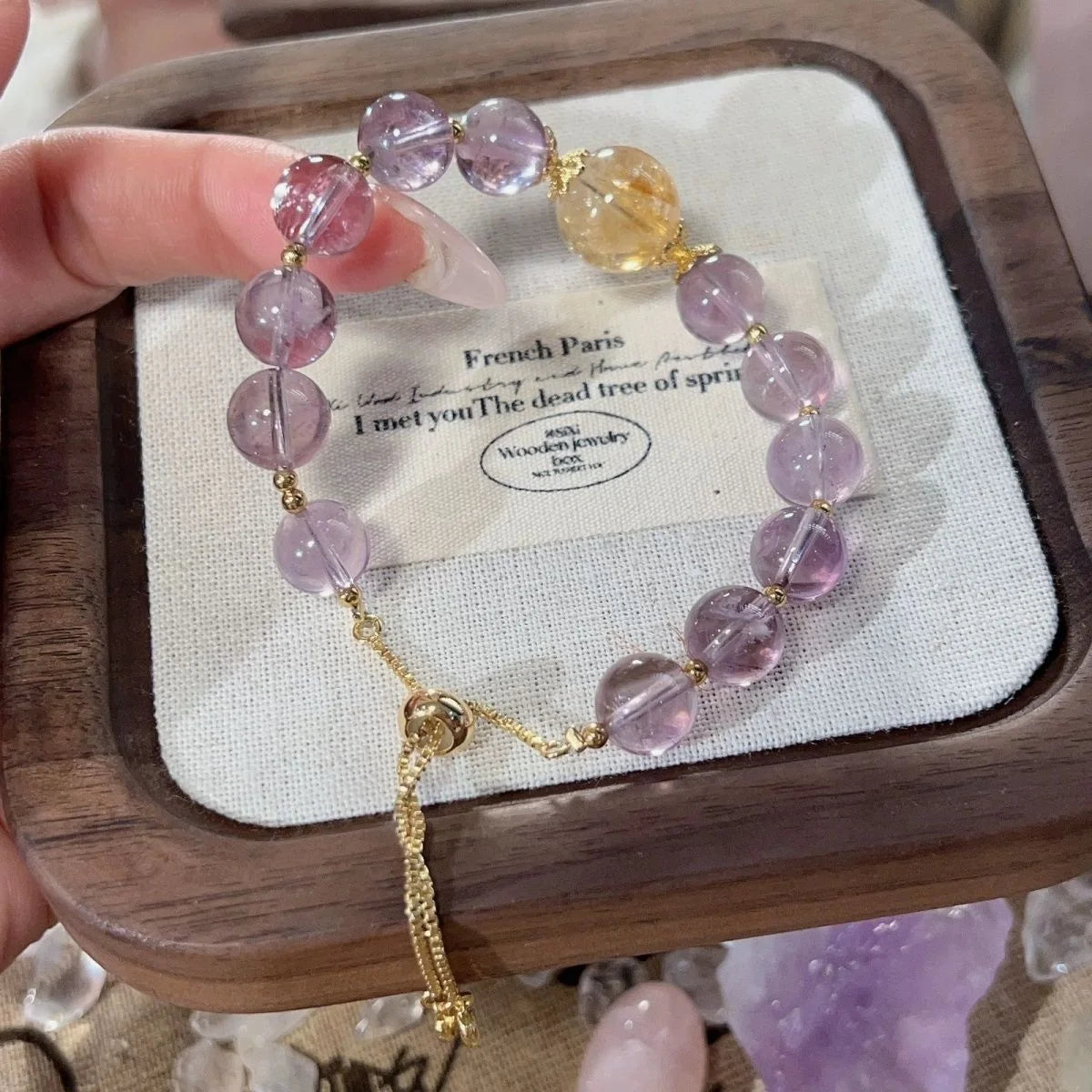 Five Elements Balance crystal bracelet with Citrine and Amethyst for wealth and career, Crystalvana