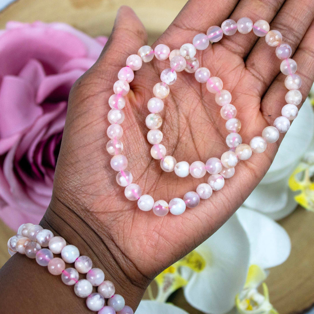 Flower Agate beaded bracelet in Crystalvana gift packaging