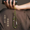 Green Jade crystal phone charm with pearl accents for harmony and good fortune, Crystalvana