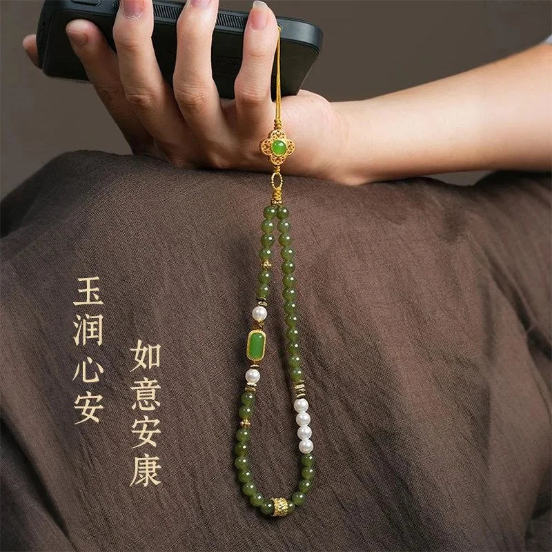 Green Jade crystal phone charm with pearl accents for harmony and good fortune, Crystalvana