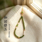 Green Jade crystal phone charm with pearl accents for harmony and good fortune, Crystalvana