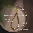 Green Jade crystal phone charm with pearl accents for harmony and good fortune, Crystalvana