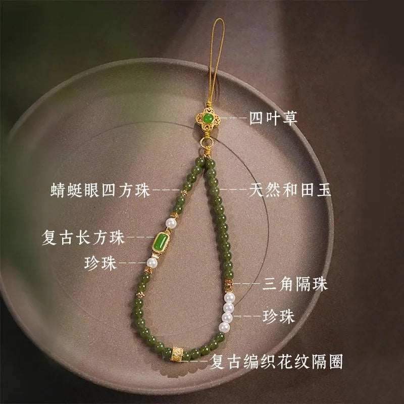 Green Jade crystal phone charm with pearl accents for harmony and good fortune, Crystalvana
