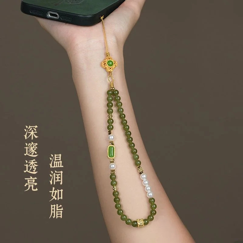 Green Jade crystal phone charm with pearl accents for harmony and good fortune, Crystalvana