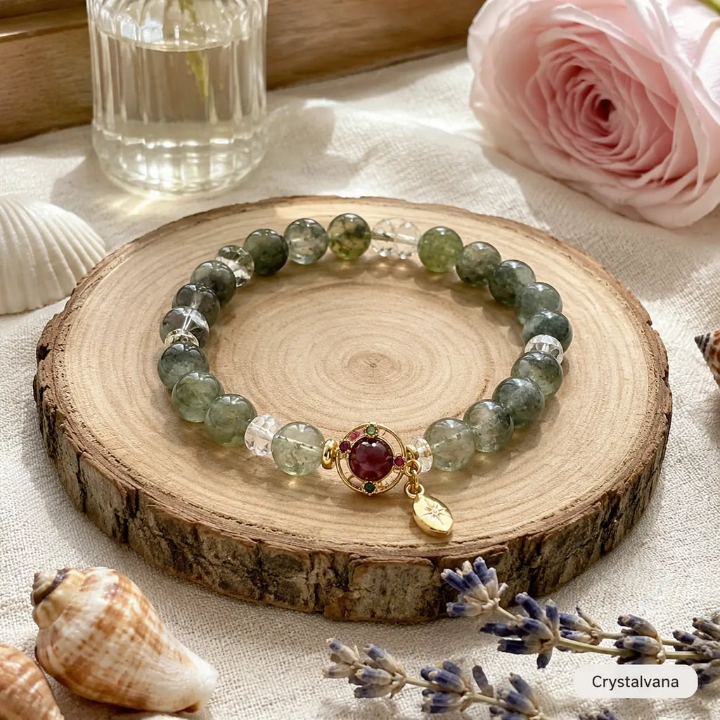 Green phantom quartz crystal bracelet with ruby charm and gold leaf pendant on wooden tray with lavender, Crystalvana