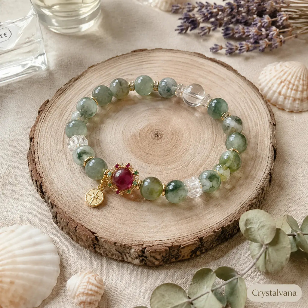 Green phantom quartz healing bracelet worn on wrist while reading at cafe, model lifestyle, Crystalvana