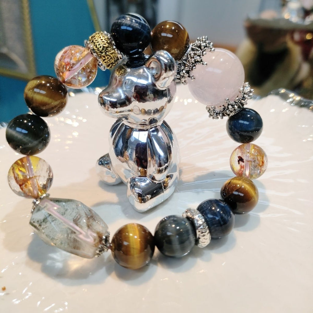 Tiger Eye Green Phantom Rose Quartz Bracelet | Courage, Growth & Love | Crystalvana