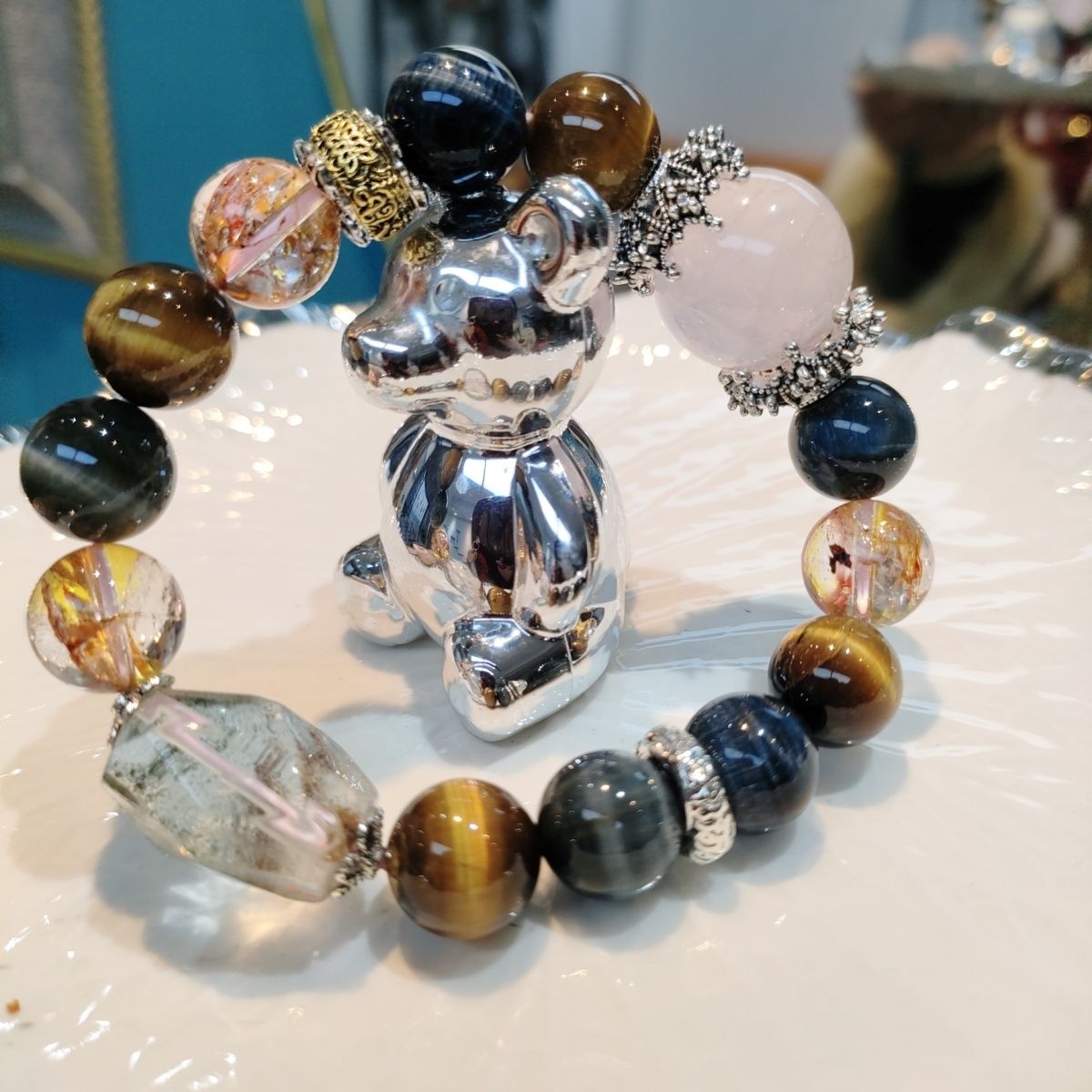Tiger Eye Green Phantom Rose Quartz Bracelet - Crystalvana