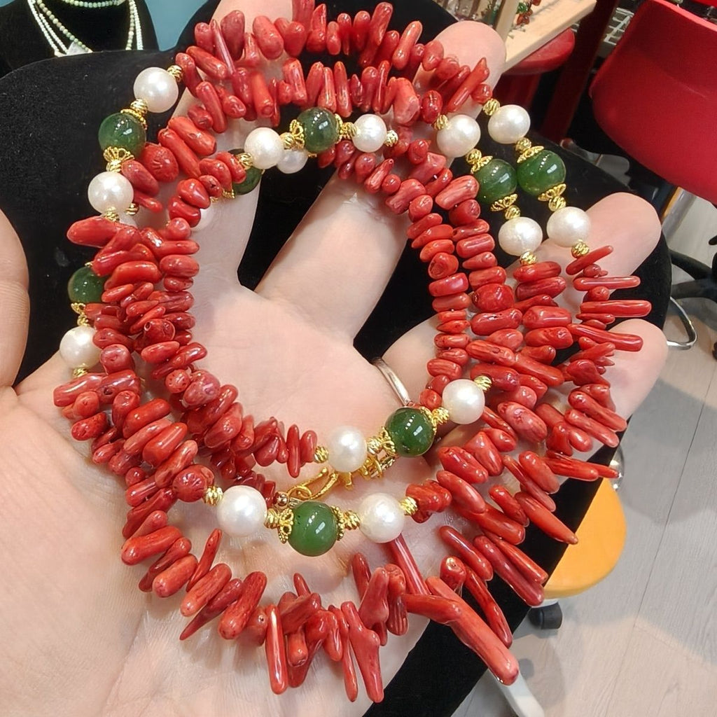 Natural Red Hetian Jade Pearl Long Necklace 90cm - Crystalvana
