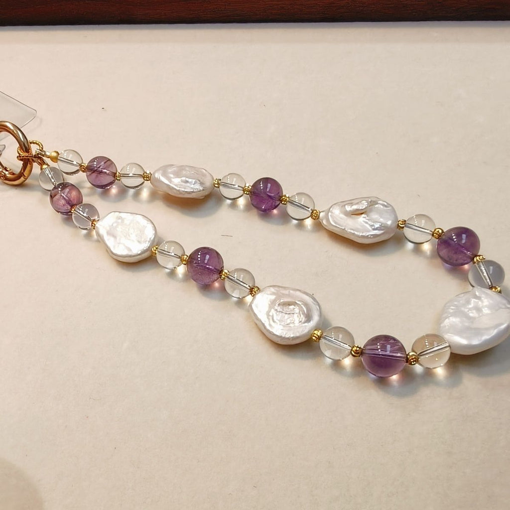 Natural White Crystal Amethyst Pearl Baroque Phone Chain - Crystalvana
