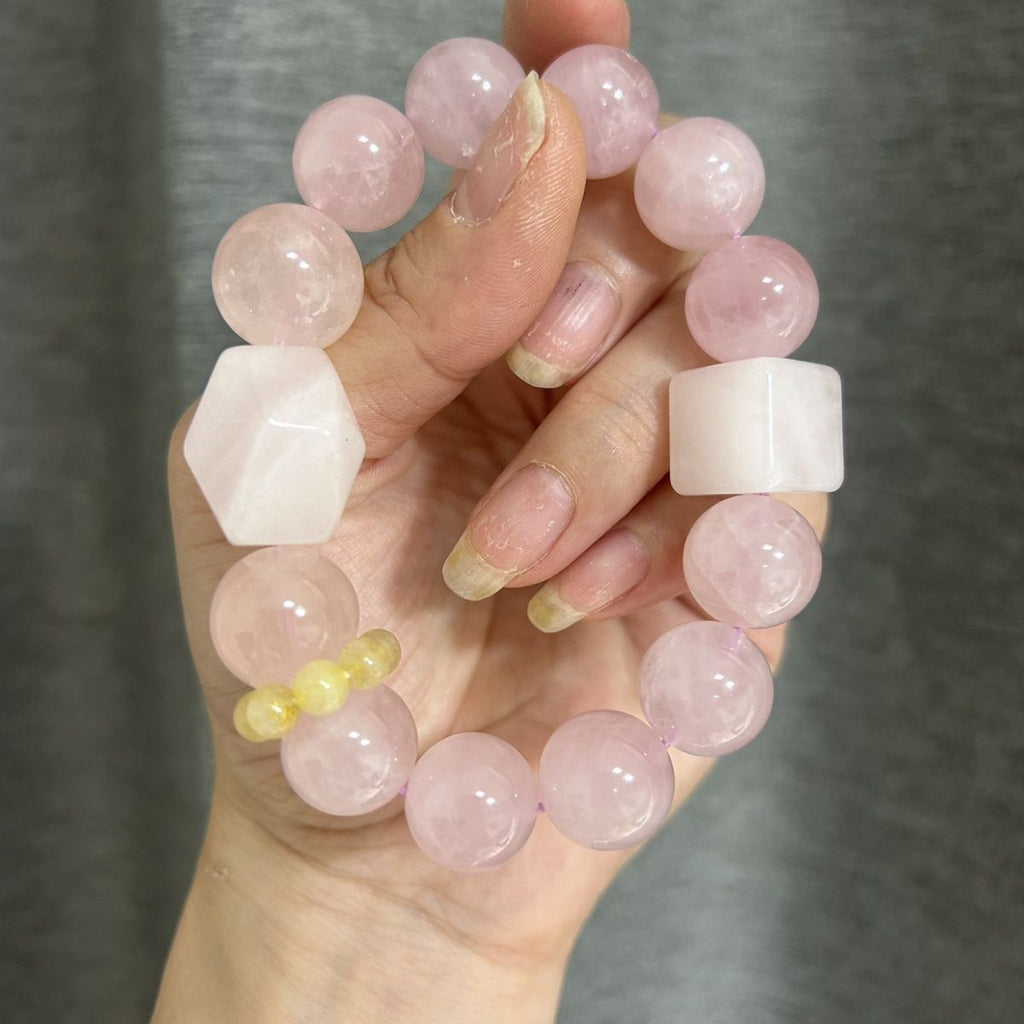 Natural Pink Quartz Gold Rutile 14mm Bracelet - Crystalvana