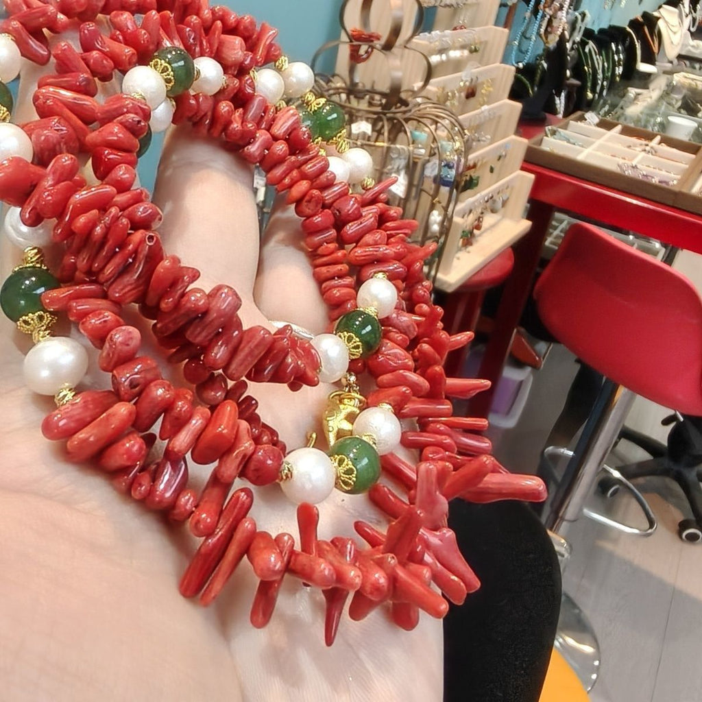 Natural Red Hetian Jade Pearl Long Necklace 90cm - Crystalvana