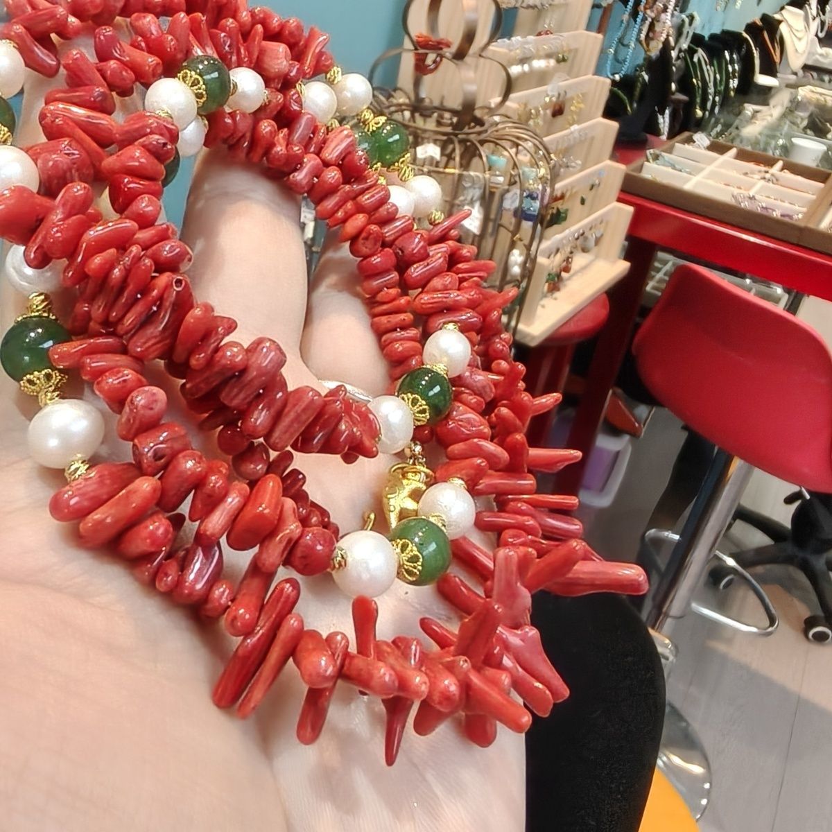Natural Red Hetian Jade Pearl Long Necklace 90cm - Crystalvana
