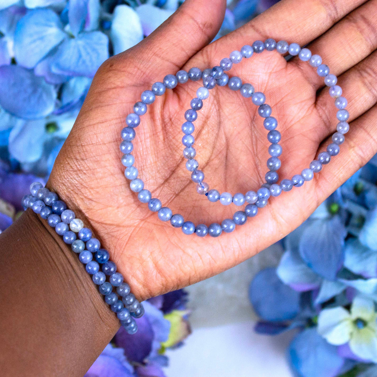 Iolite bracelet worn on the wrist