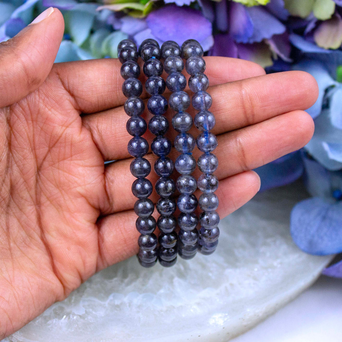 Side view of the Iolite stretch bracelet