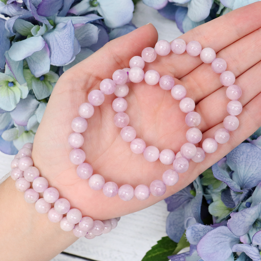 Kunzite bracelet worn on the wrist